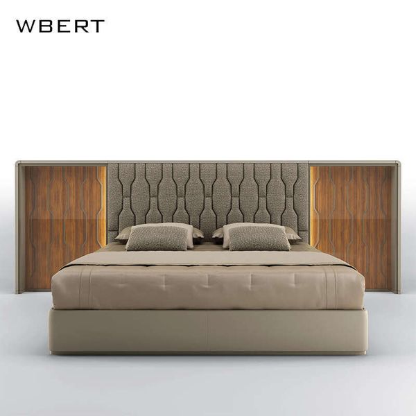 Wbert Italian Vintage Leather Double Bed with LED Backlight, 1.8m Modern Wooden Frame for Master Bedroom or Villa Design