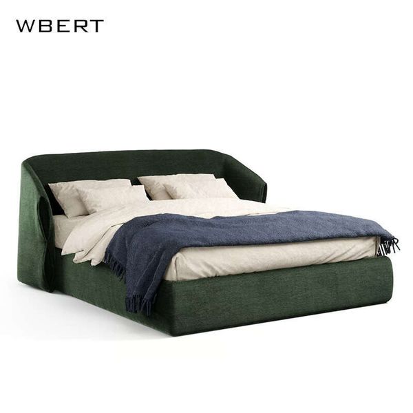 WBERT modern double bed with wooden frame and soft fabric backrest for home furniture sets