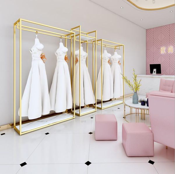 Wedding dress display stand - premium floor-mounted gold frame for studio and boutique clothing storage