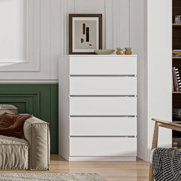 White 5-drawer dresser for bedroom vanity, living room makeup table, or hallway furniture, 27.6 inches
