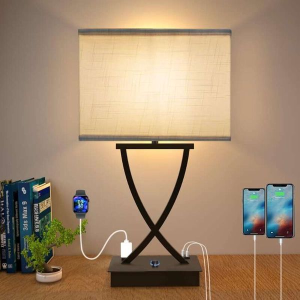 White bedside lamp with dimmer, Type C/USB ports, and AC outlet, 21.38" shade