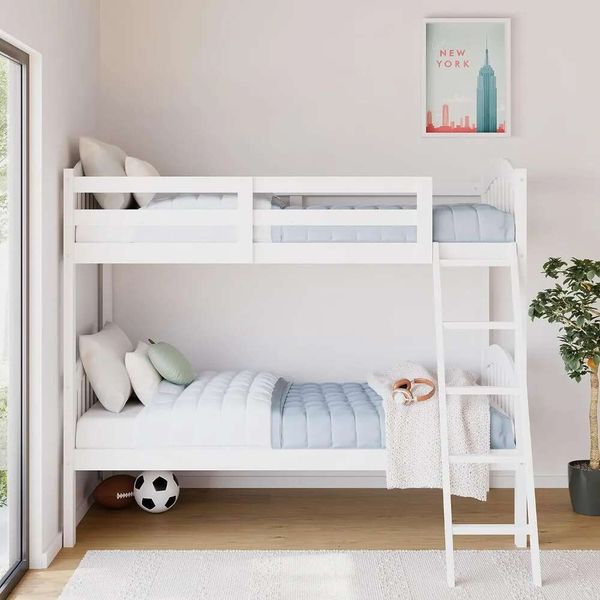 White Long Horn Twin-Over-Twin Bunk Bed with GREENGUARD Gold Certification, can separate into two twin beds