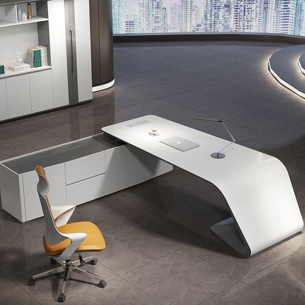 White luxury L-shaped executive desk with drawers for modern home or high-tech office managers