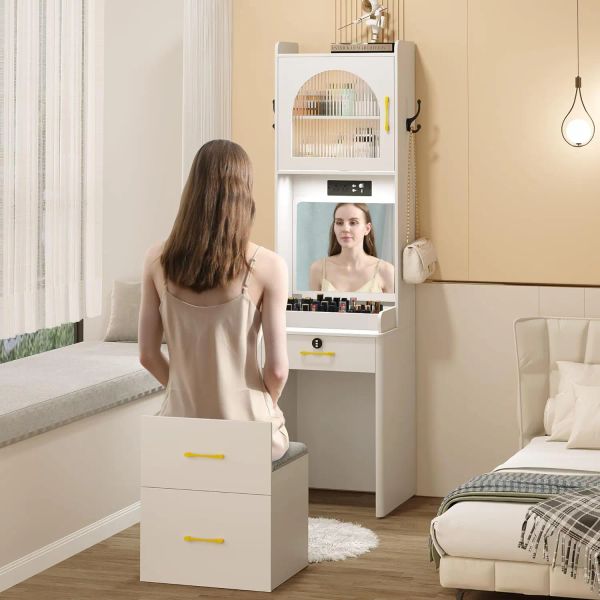 White makeup vanity desk featuring mirror, lights, and drawers, ideal for compact spaces and corner placement