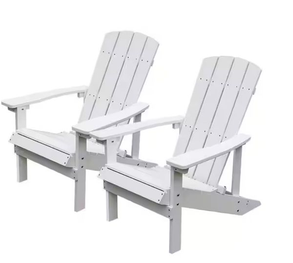 White weather-resistant plastic Adirondack lounger chairs for patio, balcony, or lawn (2-pack)