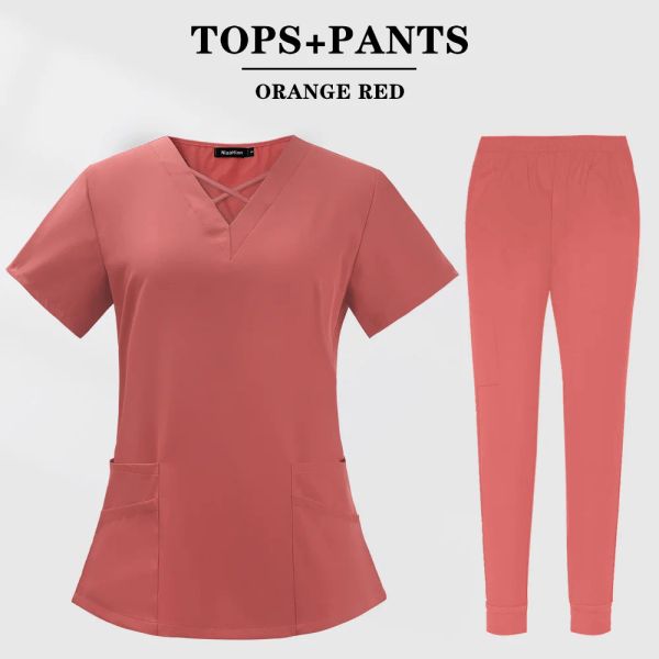 Wholesale unisex surgical scrub suits with solid colors, V-neck, pockets, and joggers for women