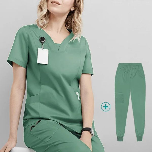 Women's medical scrubs sets with elastic waist, short-sleeve tops, and pants for hospital and surgical use