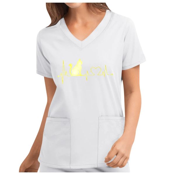 Women's short-sleeve scrub tops for healthcare professionals, featuring a V-neck design and practical pockets for nursing and care work