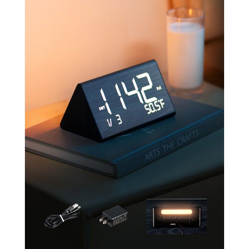 Wooden digital alarm clock featuring dual alarms, USB charging, snooze function, night light, voice control, and adjustable volume for bedside or desk use