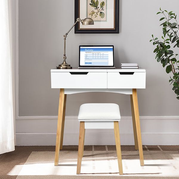 Wooden vanity table featuring a flip-top mirror and cushioned stool